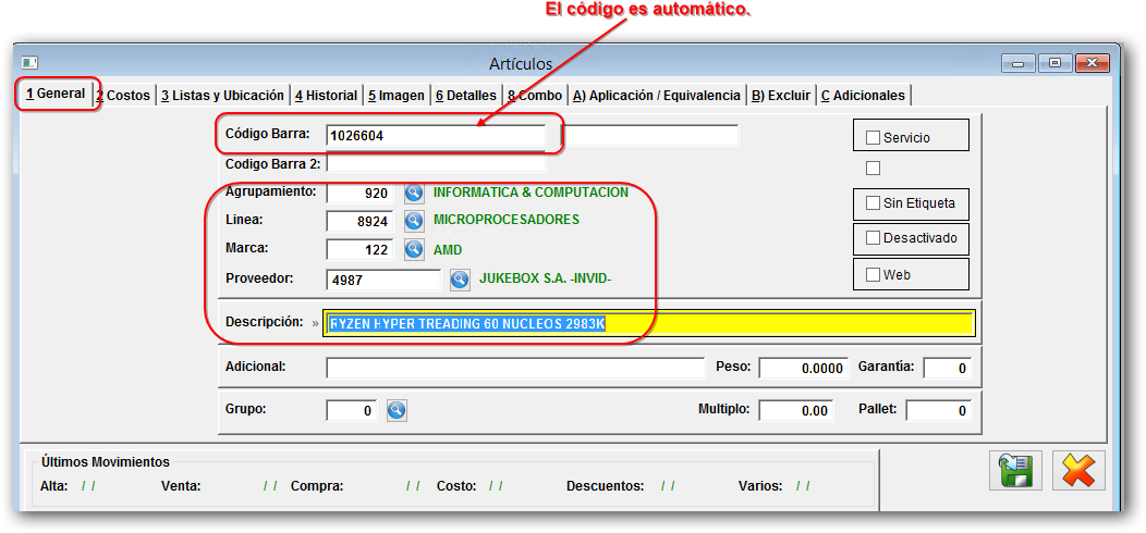 Formulario de articulo - General