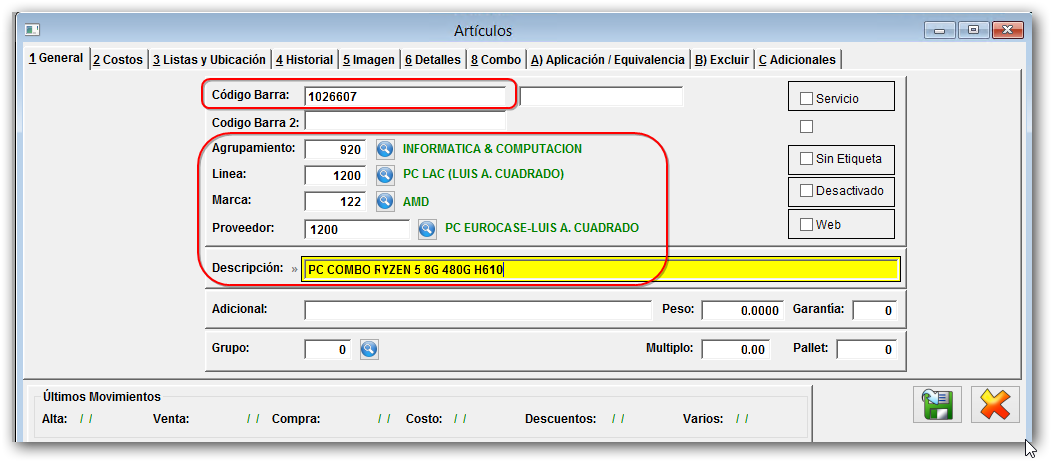 Formulario articulo - General