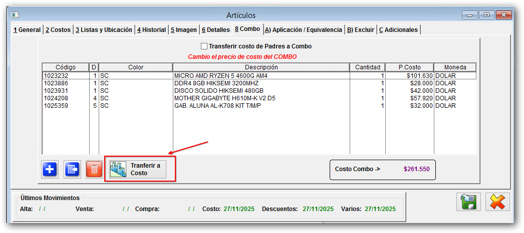 Formulario articulo - Combo