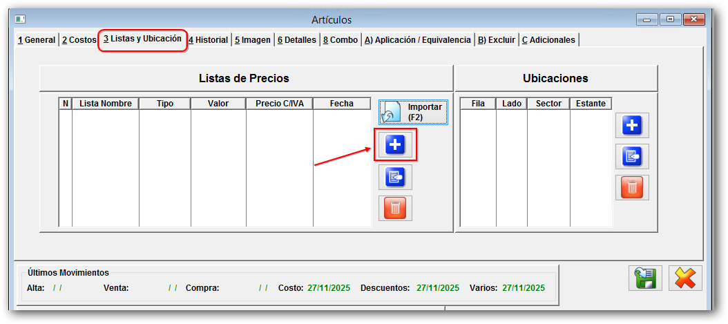 Formulario articulos - Listas y Ubicacion