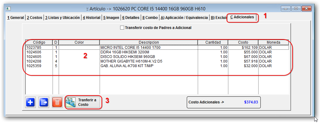 Formulario Articulo - Adicionales