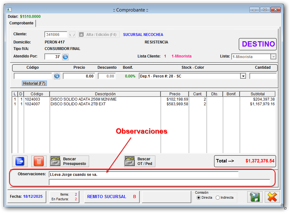 Formulario de Remito Sucursal