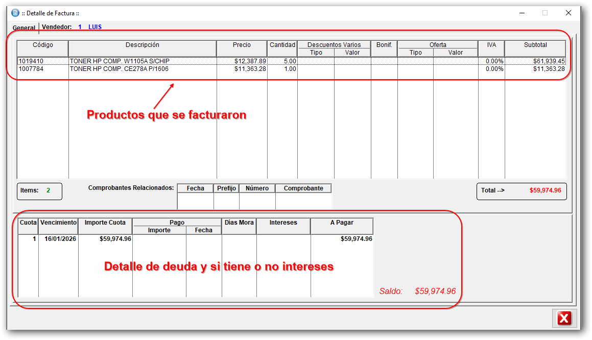Detalle de comprobante Detalle de comprobante