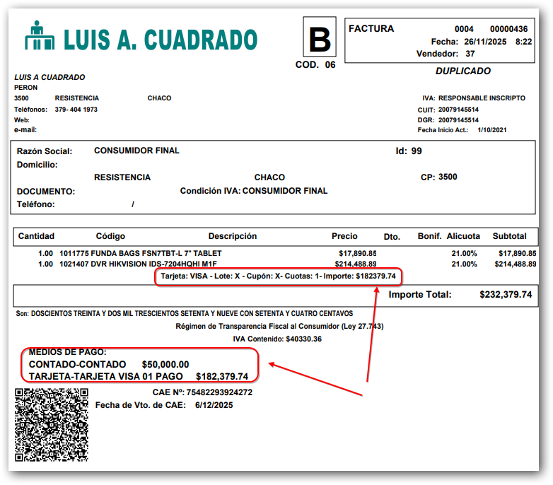 FE Pago Combinado Efectivo y Tarjeta